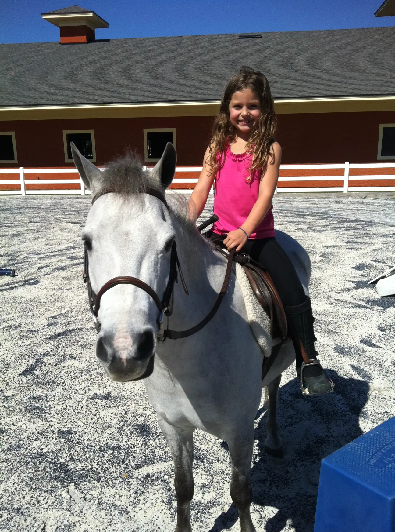 Sophia as a small child aboard a grey pony outside the barn