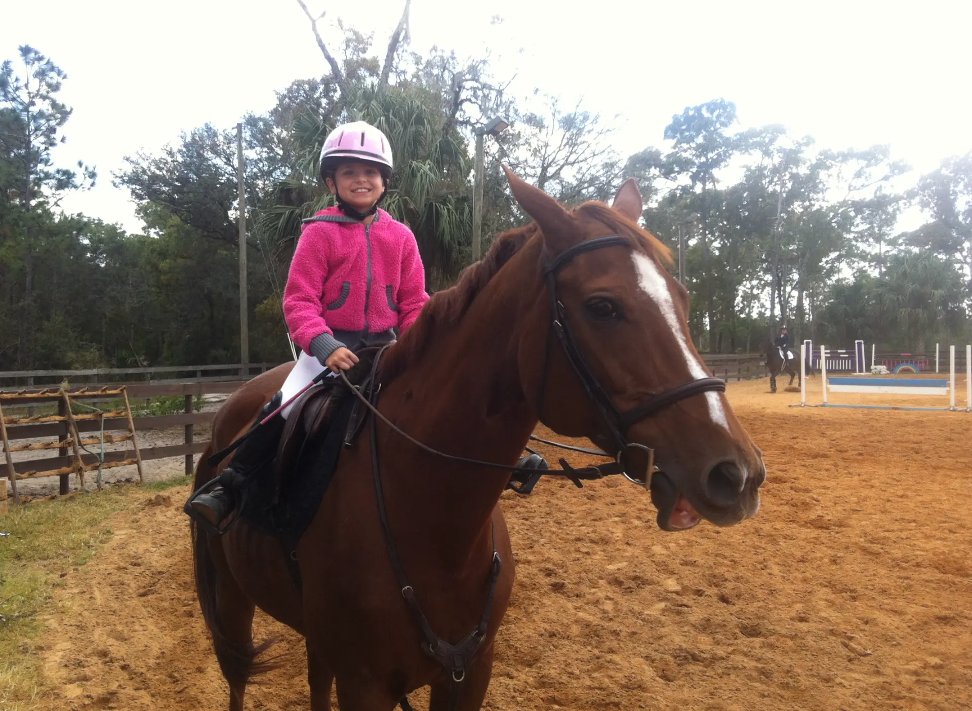 A young Sophia in a pink helmet riding her chestnut